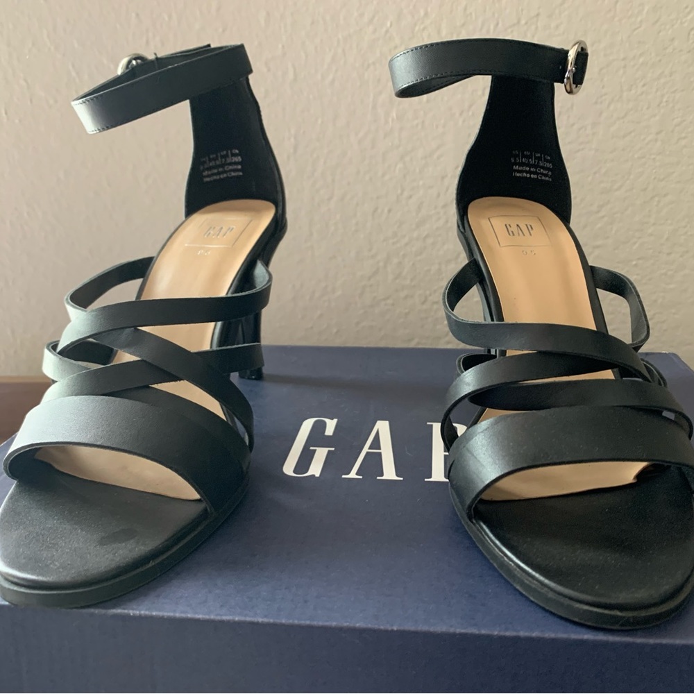 Like new black leather strappy sandals, Gap brand, size 9.5, 3.5 inch heel